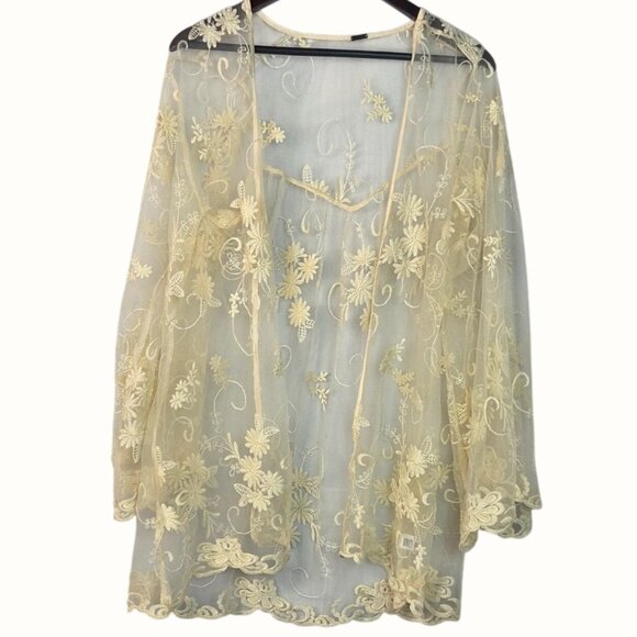 Poof Other - Poof Cream Sheer Floral Embroidered Lace Kimono Swimsuit Coverup Size Medium